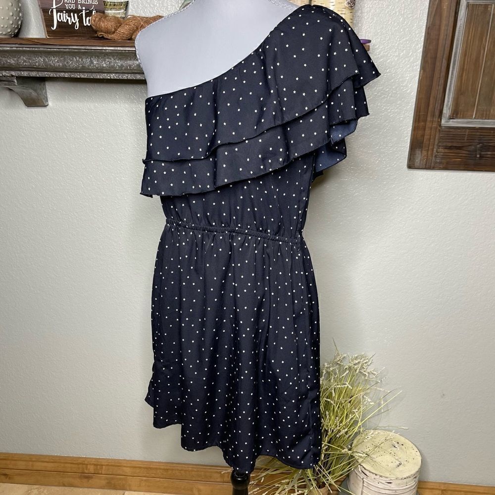 Vintage Y2K Indulge Midnight Blue Star Ruffle Single Shoulder Dress Size Medium - Picture 2 of 12